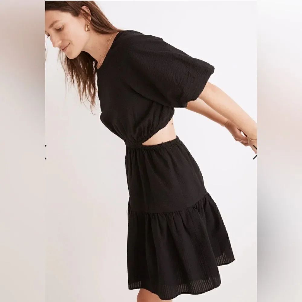 NWT Madewell with FLAWS Seersucker Puff-Sleeve Cutout Mini Dress in Black Size L